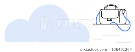 Data management, cloud computing, organization tools, digital backup, remote storage, security. Cloud icon paired with a bag symbol on a table. Data management and cloud computing concept 136491264