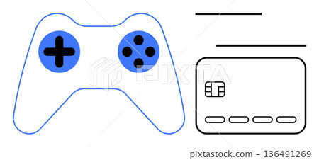 Gaming, online shopping, digital payments, entertainment commerce, e-commerce transactions, virtual experiences. A game controller and credit card. Gaming and online shopping concepts are 136491269