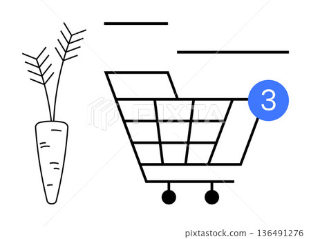 Online shopping, e-commerce, grocery delivery, digital retail, food purchasing, and notifications. Minimalist design of a shopping cart with a notification bubble and a carrot. Online shopping 136491276