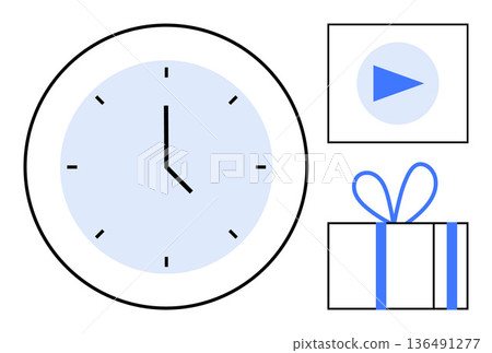 Time management, digital media, gifting, scheduling, productivity, organization. Clock symbol, play button and a gift box with ribbon. Time management and digital media concepts 136491277