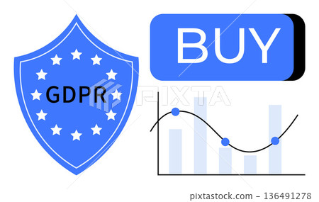 Data privacy, online security, consumer rights, business analytics, GDPR compliance, e-commerce. Blue shield with GDPR text, BUY button and chart with data points. Data privacy and online security 136491278