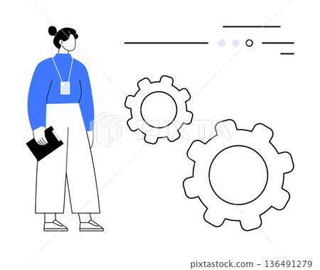 Business strategy, teamwork, workflow management, technical support, operations, systems thinking. A professional holding a clipboard next to gears. Business strategy and teamwork concept 136491279