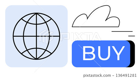 Digital commerce, online shopping, global connectivity, cloud technology, e-business, web services. Globe symbol, cloud and a blue buy button. Digital commerce and online shopping concept Digital commerce, online shopping, global connectivity, cloud technology, e-business, web services. Globe symbol, cloud and a blue buy button. Digital commerce and online shopping concept 136491281
