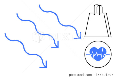 Business processes, e-commerce, shopping trends, healthcare, wellness, digital flow. Blue arrows flow, with a shopping bag and heart with pulse symbol. Business processes and e-commerce Business processes, e-commerce, shopping trends, healthcare, wellness, digital flow. Blue arrows flow, with a shopping bag and heart with pulse symbol. Business processes and e-commerce 136491297