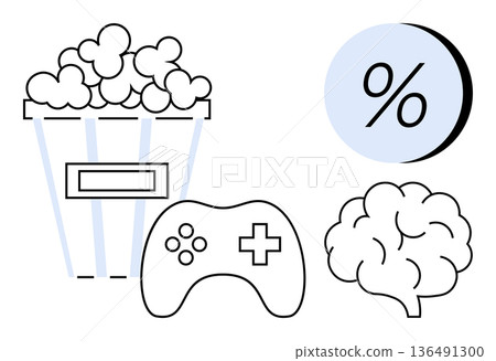 Entertainment, gaming, creativity, discounts, media concepts, brainstorming. Popcorn bucket, game controller brain and percentage symbol. Entertainment and gaming 136491300