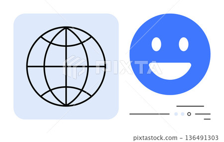 Global networking, digital communication, online interaction, technology, positivity, social media. Globe symbol beside a smiling face icon. Global networking and digital communication concept Global networking, digital communication, online interaction, technology, positivity, social media. Globe symbol beside a smiling face icon. Global networking and digital communication concept 136491303