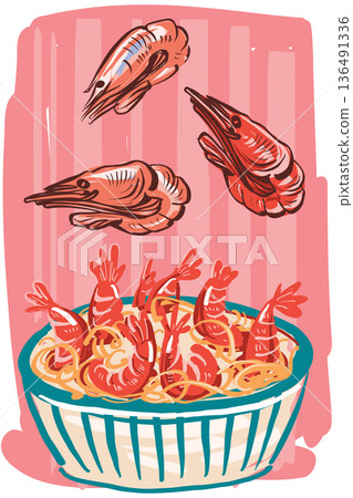 Shrimp pasta seafood dish hand drawn vector illustration Shrimp pasta seafood dish hand drawn vector illustration 136491336