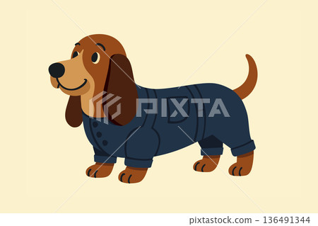 Basset. Cute funny dog in denim overalls. Vector cartoon isolated illustration Basset. Cute funny dog in denim overalls. Vector cartoon isolated illustration 136491344