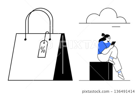 E-commerce, online shopping, digital promotions, retail marketing, consumer behavior, mobile browsing. Shopping bag with discount tag and a woman using her smartphone. E-commerce and online shopping 136491414