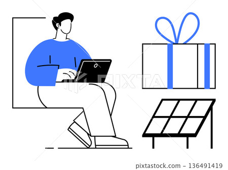 Sustainable living, eco-friendly energy, renewable resources, online shopping, gifting, green technology. Person working on laptop, solar panel gift box included. Sustainable living and eco-friendly 136491419