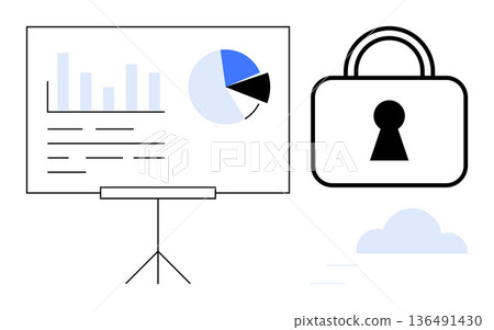 Data privacy, cloud protection, cybersecurity analytics, secure storage, technology solutions, statistics. A whiteboard with charts and a lock icon. Data privacy and cloud protection concept 136491430