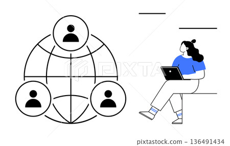 Remote work, teamwork, online communication, global network, digital collaboration, connectivity. Woman working on laptop next to a network diagram. Remote work and online communication concept Remote work, teamwork, online communication, global network, digital collaboration, connectivity. Woman working on laptop next to a network diagram. Remote work and online communication concept 136491434