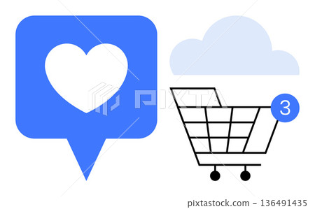 Online shopping, digital marketing, notifications, social media engagement, e-cloud storage, e-commerce tools. Shopping cart with notification and a heart within a blue dialog shape. E-commerce Online shopping, digital marketing, notifications, social media engagement, e-cloud storage, e-commerce tools. Shopping cart with notification and a heart within a blue dialog shape. E-commerce 136491435