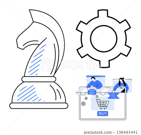 Business strategy, automation, e-commerce, decision-making, online shopping, cashback. Chess knight and gear alongside online shopping visuals. Business strategy and automation concept 136491441