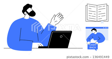 Online learning, financial planning, digital marketing, remote work, ecommerce, cashback services. Man working on laptop with digital book and cashback visuals. Online learning and cashback services Online learning, financial planning, digital marketing, remote work, ecommerce, cashback services. Man working on laptop with digital book and cashback visuals. Online learning and cashback services 136491449