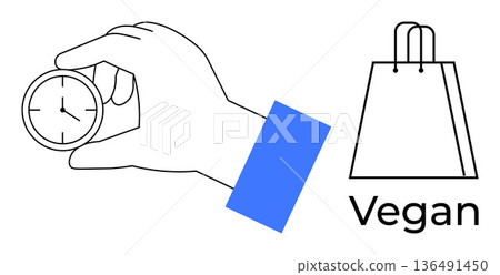 Time management, sustainability, vegan lifestyle, conscious shopping, eco-friendly choices, minimalism. Hand holding a clock and vegan shopping bag icon. Time management and sustainability concept Time management, sustainability, vegan lifestyle, conscious shopping, eco-friendly choices, minimalism. Hand holding a clock and vegan shopping bag icon. Time management and sustainability concept 136491450