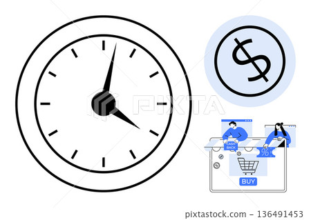 Time management, e-commerce, financial planning, online shopping, budgeting, business efficiency. Includes a clock, dollar sign and digital shopping visuals. Time management and e-commerce focus 136491453