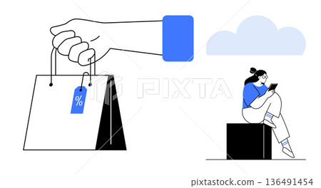 E-commerce, retail, digital transactions, online purchasing, sales promotion, innovation. A hand holds a shopping bag with a discount tag, a woman uses a smartphone. E-commerce and retail concept 136491454