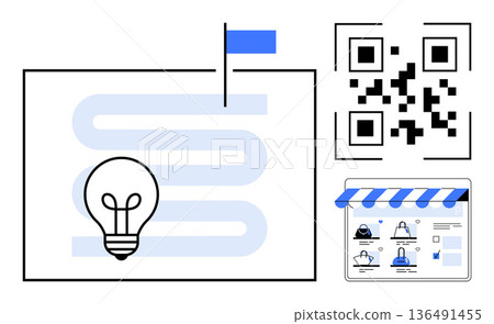 Online business, digital strategy, QR technology, e-commerce, innovation, branding solutions. Light bulb with flag and QR code next to online store interface. Online business and digital strategy Online business, digital strategy, QR technology, e-commerce, innovation, branding solutions. Light bulb with flag and QR code next to online store interface. Online business and digital strategy 136491455