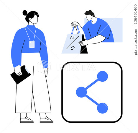 E-commerce, retail interaction, shopping convenience, digital sharing, online engagement, business promotion. Retail worker holding a clipboard, customer with shopping bags sharing icon. E-commerce E-commerce, retail interaction, shopping convenience, digital sharing, online engagement, business promotion. Retail worker holding a clipboard, customer with shopping bags sharing icon. E-commerce 136491460