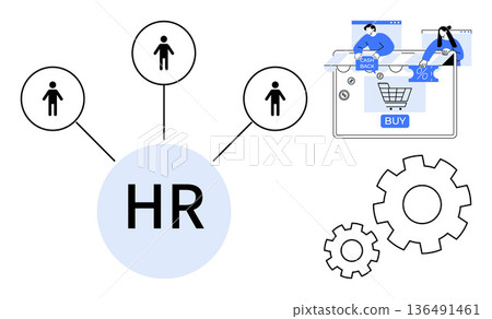 Human resources, e-commerce, workflow, team management, technology integration, digital solutions. Central HR icon connected to people, shopping cart gears. Human resources and e-commerce concepts Human resources, e-commerce, workflow, team management, technology integration, digital solutions. Central HR icon connected to people, shopping cart gears. Human resources and e-commerce concepts 136491461