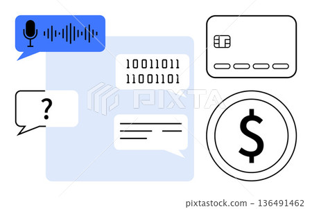 Financial technology, online payments, digital transactions, AI communication, coding, and chatbots. Speech bubbles, binary code card and dollar icon. Fintech and online payments concept 136491462