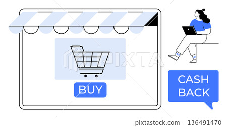 Online shopping, digital payment, cashback rewards, e-commerce platforms, marketing promotions, remote shopping. Shopping cart on screen with person using laptop. Online shopping and cashback rewards Online shopping, digital payment, cashback rewards, e-commerce platforms, marketing promotions, remote shopping. Shopping cart on screen with person using laptop. Online shopping and cashback rewards 136491470