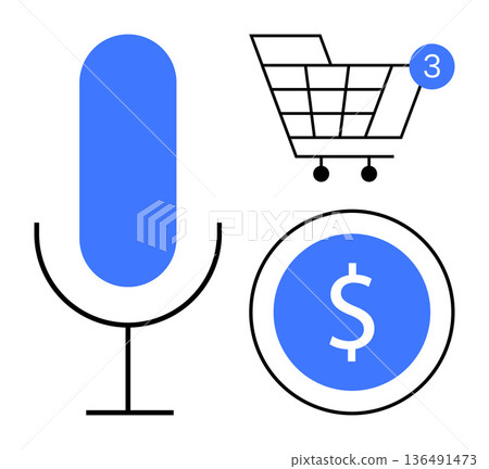 Voice commerce, online shopping, payment solutions, e-commerce, digital business, financial transactions. Microphone icon, shopping cart with notification dollar symbol in a circle. Voice commerce 136491473