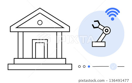 Automation, robotics, wireless connectivity, technology integration, smart institutions, innovation. Outline of a building with a robotic arm and wireless icon. Automation and robotics concept 136491477