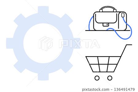 E-commerce, business operations, automation, retail technology, workflows, online shopping. A gear mechanism with a briefcase and shopping cart symbols. E-commerce and business operations E-commerce, business operations, automation, retail technology, workflows, online shopping. A gear mechanism with a briefcase and shopping cart symbols. E-commerce and business operations 136491479