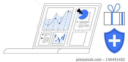 Data analysis, business insights, health services, cybersecurity, e-commerce, financial planning. A laptop screen displaying graphs and charts, alongside a gift box and a health shield icon. Data Data analysis, business insights, health services, cybersecurity, e-commerce, financial planning. A laptop screen displaying graphs and charts, alongside a gift box and a health shield icon. Data 136491482