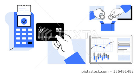 Digital payment, e-commerce, financial management, investment tools, modern banking, data-driven decisions. Hand using card at terminal, hands exchanging coins chart with analytics. Digital payment Digital payment, e-commerce, financial management, investment tools, modern banking, data-driven decisions. Hand using card at terminal, hands exchanging coins chart with analytics. Digital payment 136491492