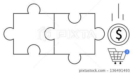 E-commerce, financial transactions, shopping online, digital marketing, integration, cost analysis. Puzzle pieces, dollar symbol and shopping cart with notification icon. E-commerce and financial E-commerce, financial transactions, shopping online, digital marketing, integration, cost analysis. Puzzle pieces, dollar symbol and shopping cart with notification icon. E-commerce and financial 136491493