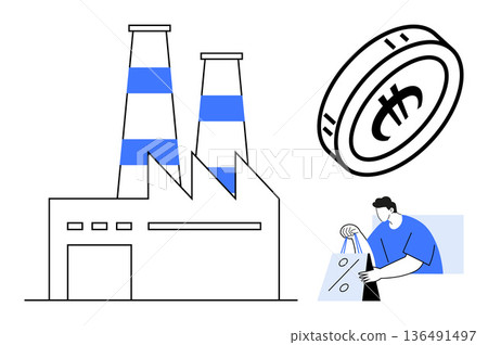 Cryptocurrency, industrial production, financial technology, digital economy, blockchain, sustainability. Factory with chimneys, coin with cryptocurrency sign person using tablet. Industrial Cryptocurrency, industrial production, financial technology, digital economy, blockchain, sustainability. Factory with chimneys, coin with cryptocurrency sign person using tablet. Industrial 136491497