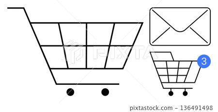 Online shopping, e-commerce notifications, digital marketing, web store alerts, customer engagement, retail sales. Shopping cart with notification icon and envelope. Online shopping and e-commerce Online shopping, e-commerce notifications, digital marketing, web store alerts, customer engagement, retail sales. Shopping cart with notification icon and envelope. Online shopping and e-commerce 136491498