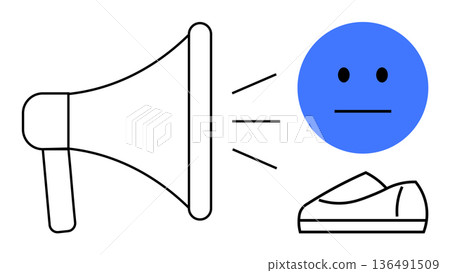 Marketing, feedback, communication, emotions, social interaction, advertising. A megaphone emits lines toward a neutral face with an object below. Marketing and feedback conceptualized Marketing, feedback, communication, emotions, social interaction, advertising. A megaphone emits lines toward a neutral face with an object below. Marketing and feedback conceptualized 136491509