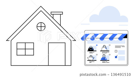 Online shopping, e-commerce, remote business, digital storefront, cloud technology, home operations. Minimalist house and laptop screen with online shop items. Online shopping and e-commerce Online shopping, e-commerce, remote business, digital storefront, cloud technology, home operations. Minimalist house and laptop screen with online shop items. Online shopping and e-commerce 136491510