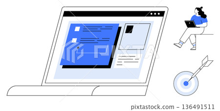 Digital workflows, online communication, project management, productivity, remote work, goal setting. Laptop screen with user interface, person with a laptop target with an arrow. Remote work Digital workflows, online communication, project management, productivity, remote work, goal setting. Laptop screen with user interface, person with a laptop target with an arrow. Remote work 136491511