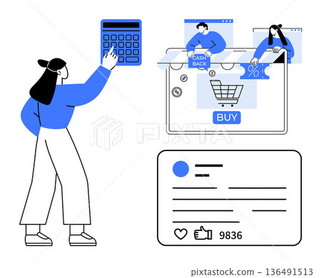 E-commerce, cashback, social media thumbs ups, financial management, retail discount, user interaction. Woman with calculator, shopping cart cashback and social media interface. E-commerce 136491513