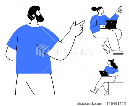 Teamwork, online learning, digital communication, remote work, brainstorming, education. Abstract characters sitting with laptops and a pointing figure. Teamwork and online learning concepts Teamwork, online learning, digital communication, remote work, brainstorming, education. Abstract characters sitting with laptops and a pointing figure. Teamwork and online learning concepts 136491515