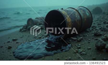 Oil spill from old barrel polluting the dark sandy beach Oil spill from old barrel polluting the dark sandy beach 136491523