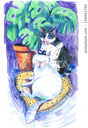 Two Cats Resting Near a Potted Plant Two Cats Resting Near a Potted Plant 136491705