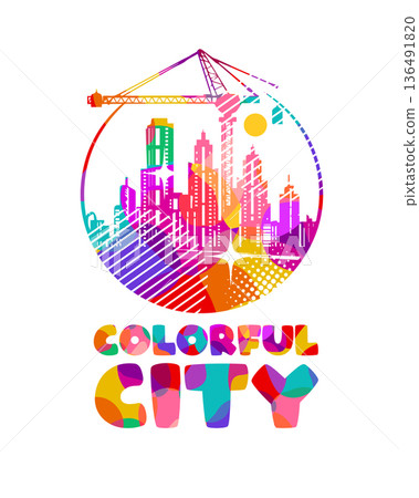 Colorful logo modern city skyline with skyscrapers in flat vector style on white background. Hand drawn Not AI, vector illustration. Colorful logo modern city skyline with skyscrapers in flat vector style on white background. Hand drawn Not AI, vector illustration. 136491820