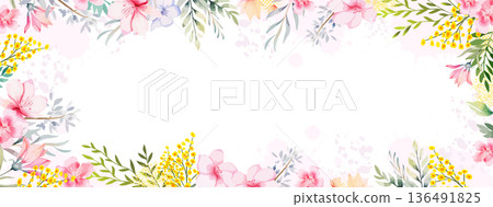 Horizontal long floral spring frame with mimosa . Hand drawn. Not AI, vector illustration 136491825