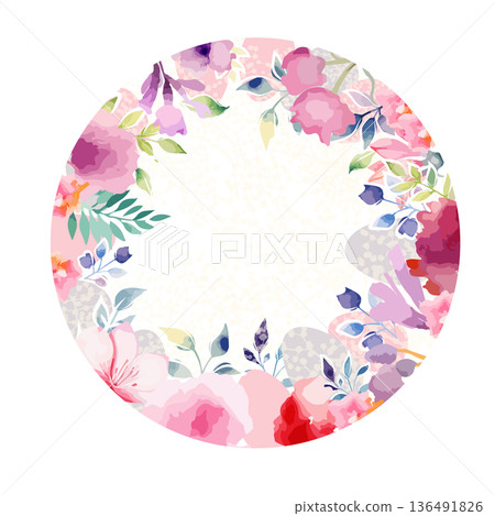 Round frame with pink watercolor flowers. Hand drawn. Not AI, vector illustration. 136491826