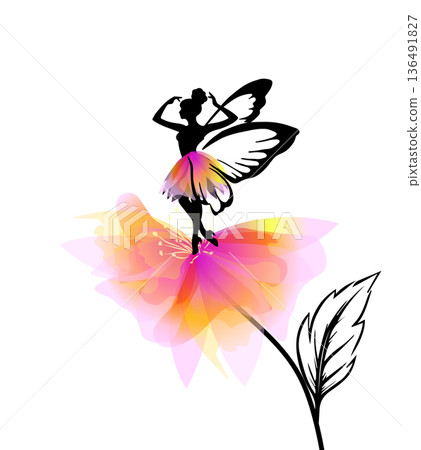 Fairy butterfly on a pink flower. Hand drawn. Not AI, vector illustration 136491827
