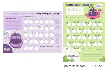 Seasonal Monthly Habit Tracker Set. Cozy Winter and Tropical Summer Goal Planners Pages with Cute Kawaii Blackcurrant Characters. Isolated Vector Vertical and Horizontal Printable Goal Checklist Seasonal Monthly Habit Tracker Set. Cozy Winter and Tropical Summer Goal Planners Pages with Cute Kawaii Blackcurrant Characters. Isolated Vector Vertical and Horizontal Printable Goal Checklist 136492238