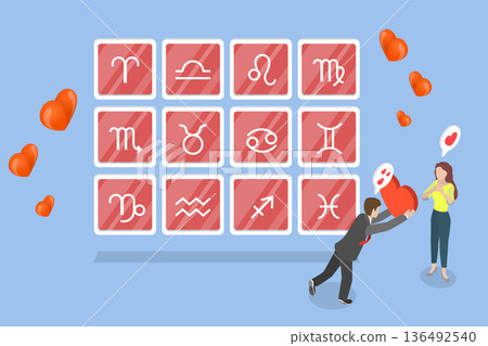 3D Isometric Flat Vector Illustration of Love Horoscope, Woman Choosing Sexual Partner Or Future Husband Near Zodiac Signs. 136492540