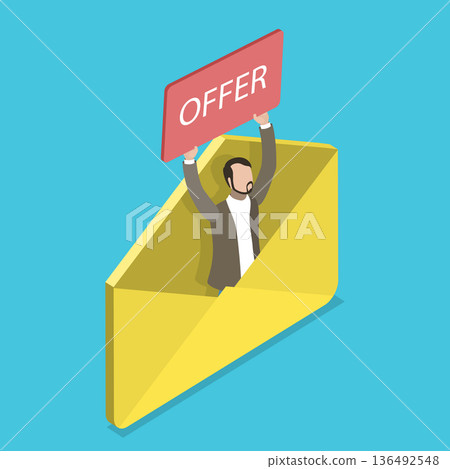 3D Isometric Flat Vector Illustration of Offer, Man Emerging From Letter Holding A Bidding Board 136492548