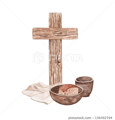 Wooden cross with bread, linen cloth and clay cup watercolor illustration on white background. Religious composition, copy space, ideal for Holy Communion, Eucharist, Lent designs, banners, posters. Wooden cross with bread, linen cloth and clay cup watercolor illustration on white background. Religious composition, copy space, ideal for Holy Communion, Eucharist, Lent designs, banners, posters. 136492594